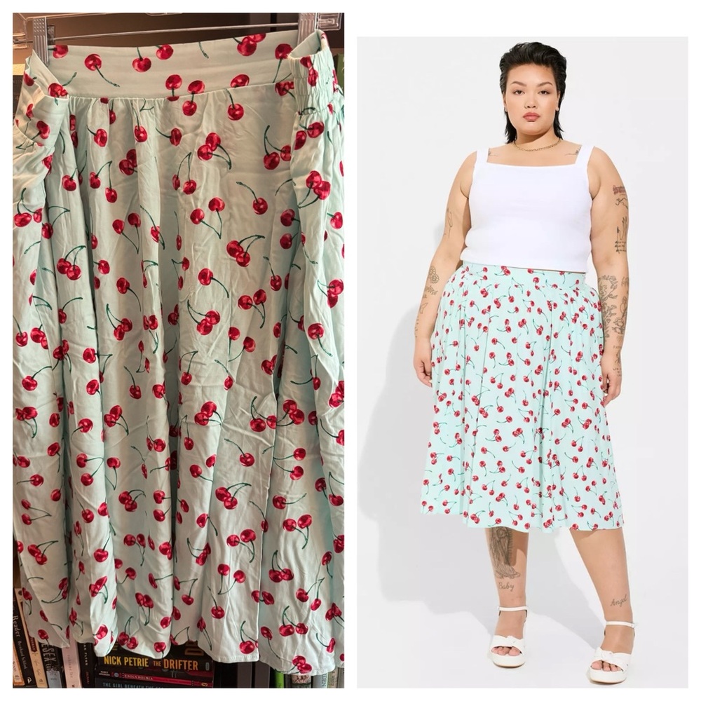 Torrid EUC Retro Chic Cherry Print Midi Skirt 2x